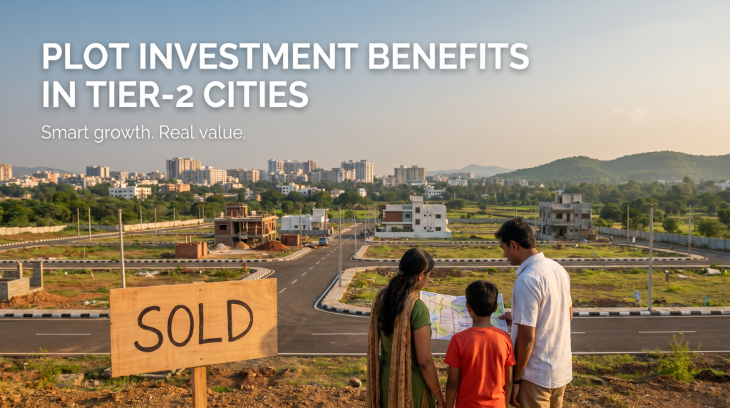 Family viewing plotted development project in a Tier-2 city with residential plots and modern infrastructure