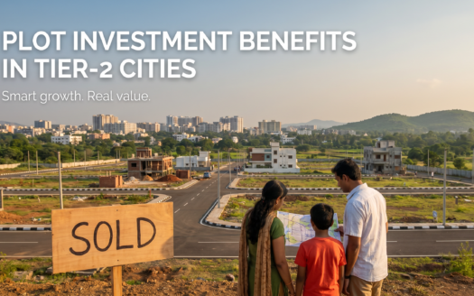 Family viewing plotted development project in a Tier-2 city with residential plots and modern infrastructure