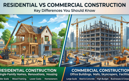 Residential vs commercial construction comparison showing differences in building types and design