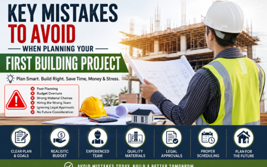 Modern residential building project under construction with architects reviewing blueprints, highlighting common planning mistakes to avoid before starting a first construction project.