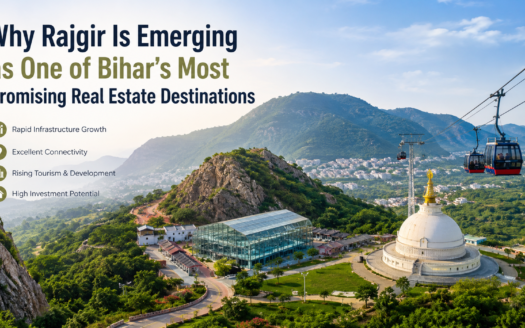 Scenic landscape and modern infrastructure development in Rajgir Bihar highlighting growing real estate investment opportunities.